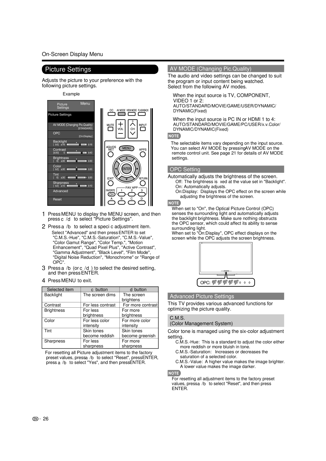 Sharp LC-70LE734U operation manual AV Mode Changing Pic.Quality, OPC Setting, Advanced Picture Settings 