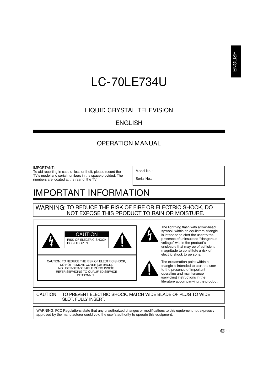 Sharp LC-70LE734U operation manual Model No Serial No 