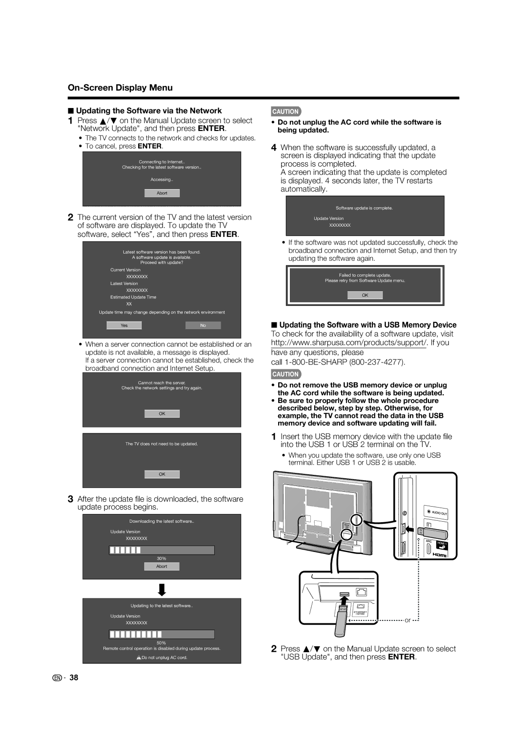 Sharp LC-70LE734U operation manual Updating the Software via the Network, Call 1-800-BE-SHARP 