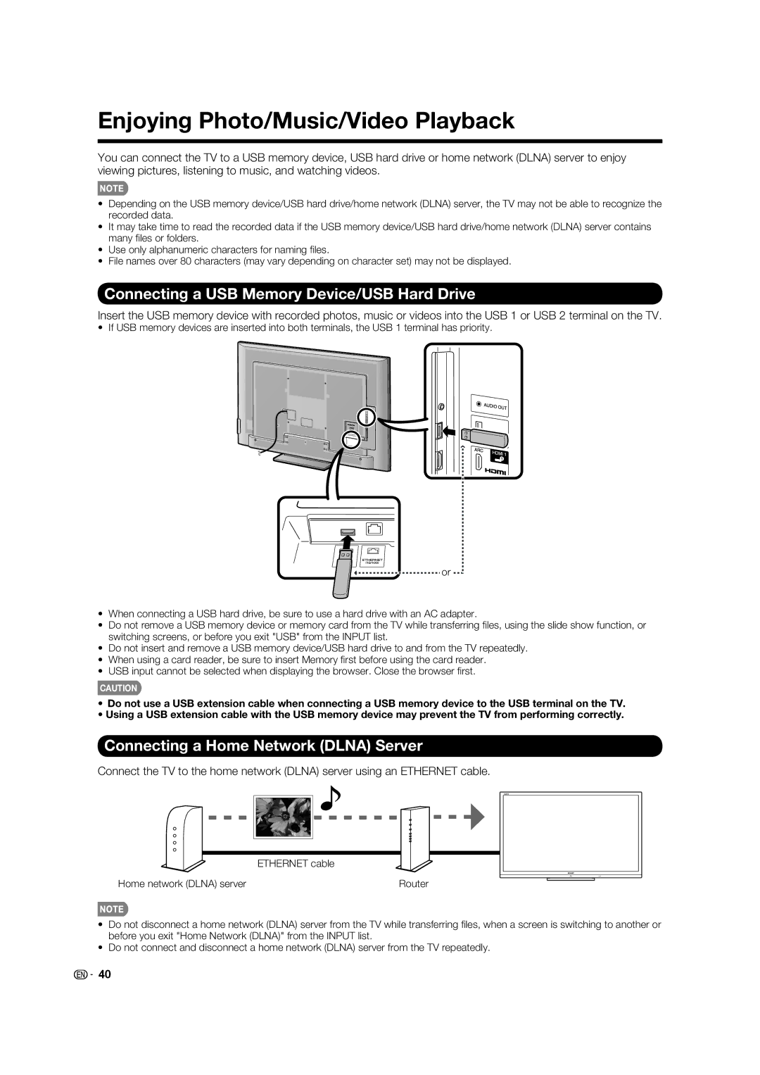 Sharp LC-70LE734U operation manual Enjoying Photo/Music/Video Playback, Connecting a USB Memory Device/USB Hard Drive 