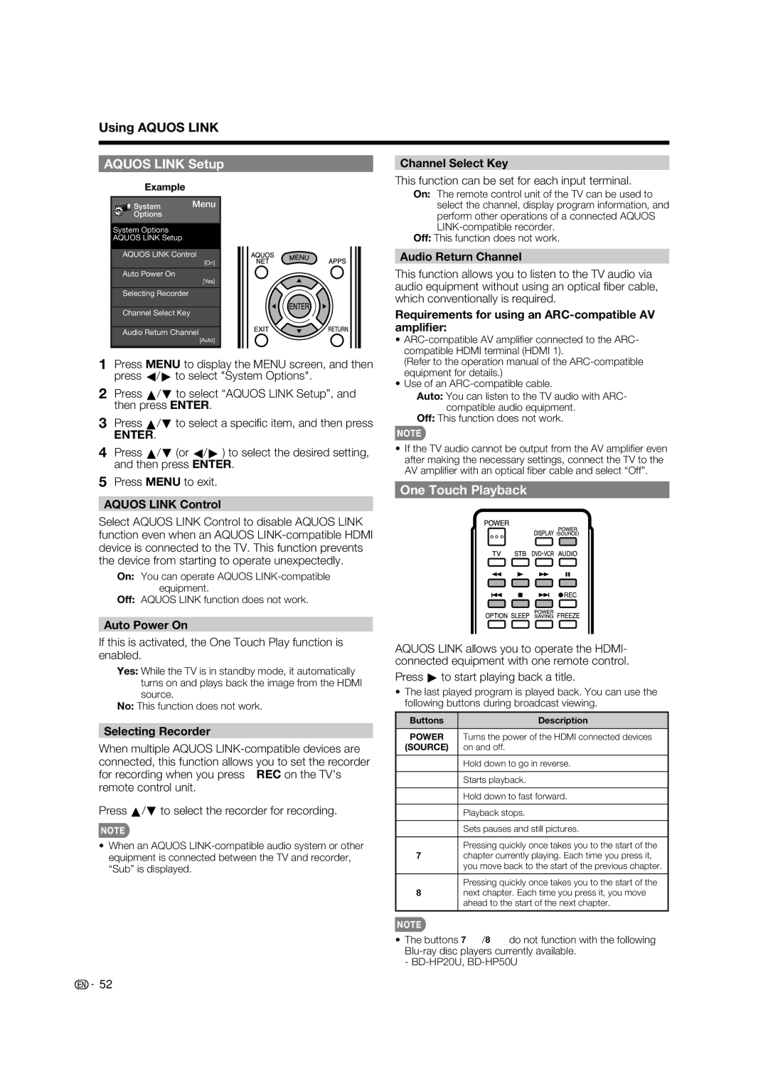 Sharp LC-70LE734U operation manual Using Aquos Link, Aquos Link Setup, One Touch Playback 