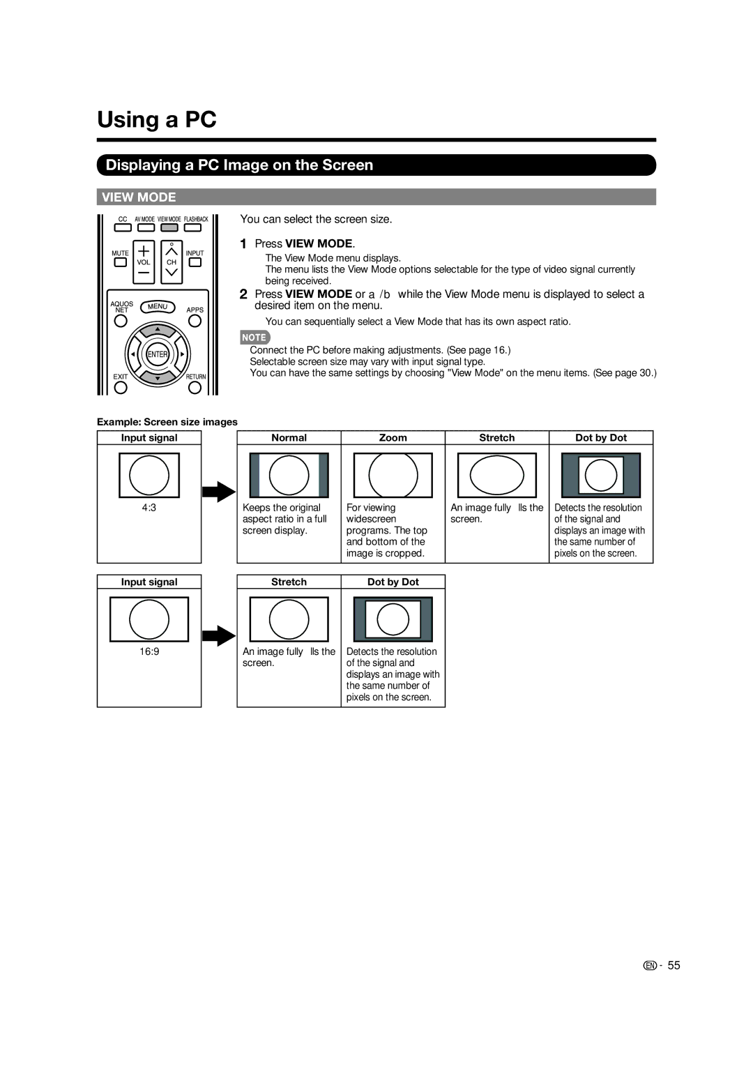 Sharp LC-70LE734U operation manual Using a PC, Displaying a PC Image on the Screen, Stretch Dot by Dot 