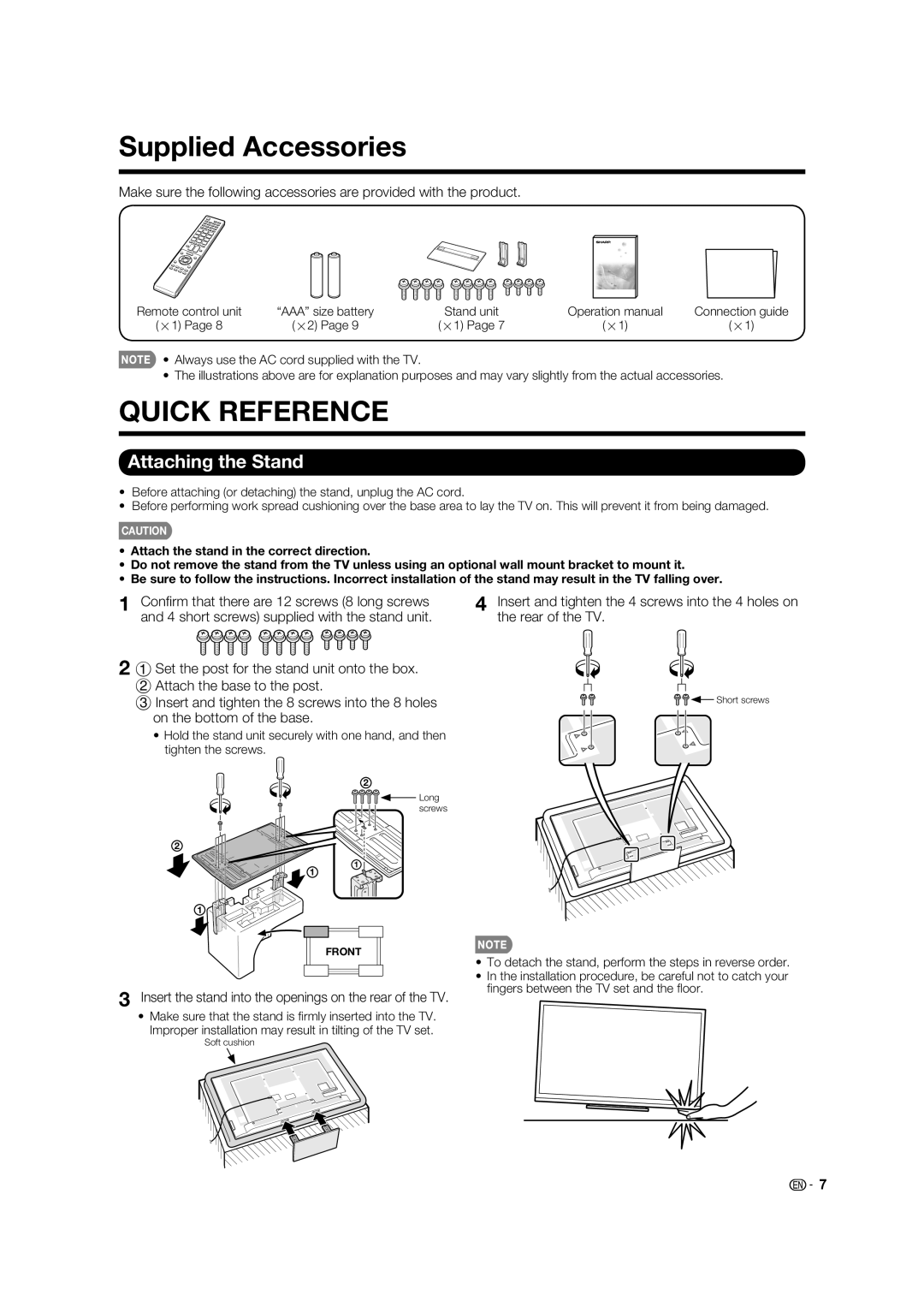 Sharp LC-70LE734U operation manual Supplied Accessories, Attaching the Stand, May 