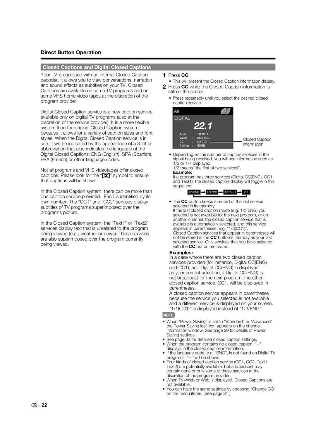 Sharp LC-70LE734U operation manual Closed Captions and Digital Closed Captions, Examples, 22.1, Direct Button Operation 