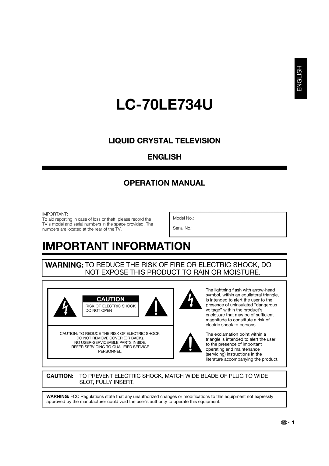 Sharp LC-70LE734U operation manual Important Information, Liquid Crystal Television English Operation Manual 