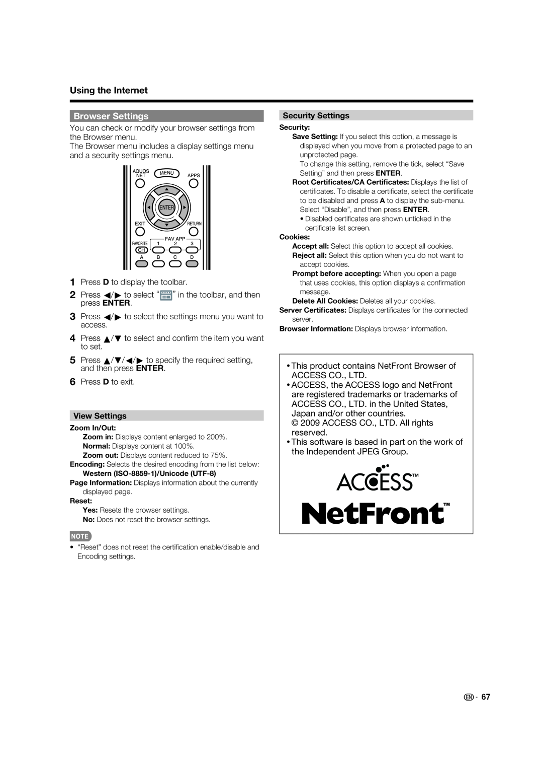 Sharp LC-70LE734U operation manual Browser Settings, Security Settings, View Settings, Using the Internet 