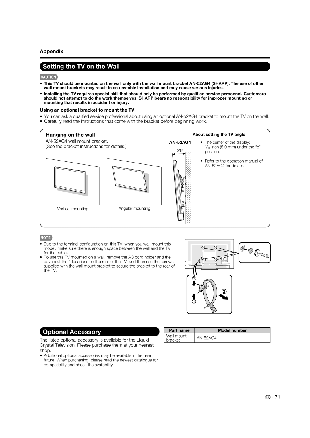 Sharp LC-70LE734U operation manual Setting the TV on the Wall, Optional Accessory, Appendix, Hanging on the wall 