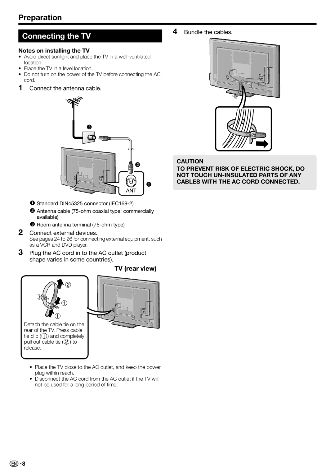 Sharp LC-70LE735X Connecting the TV, TV rear view, Bundle the cables, Connect the antenna cable, Connect external devices 