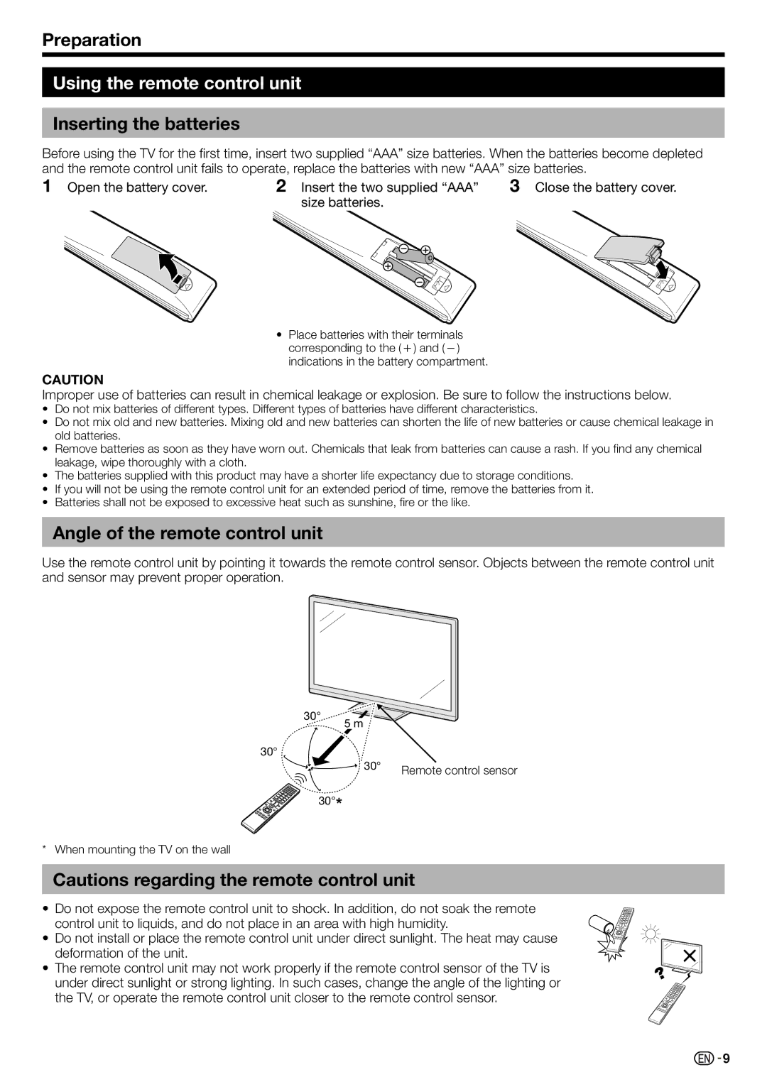 Sharp LC-70LE735X operation manual Using the remote control unit, Inserting the batteries, Angle of the remote control unit 