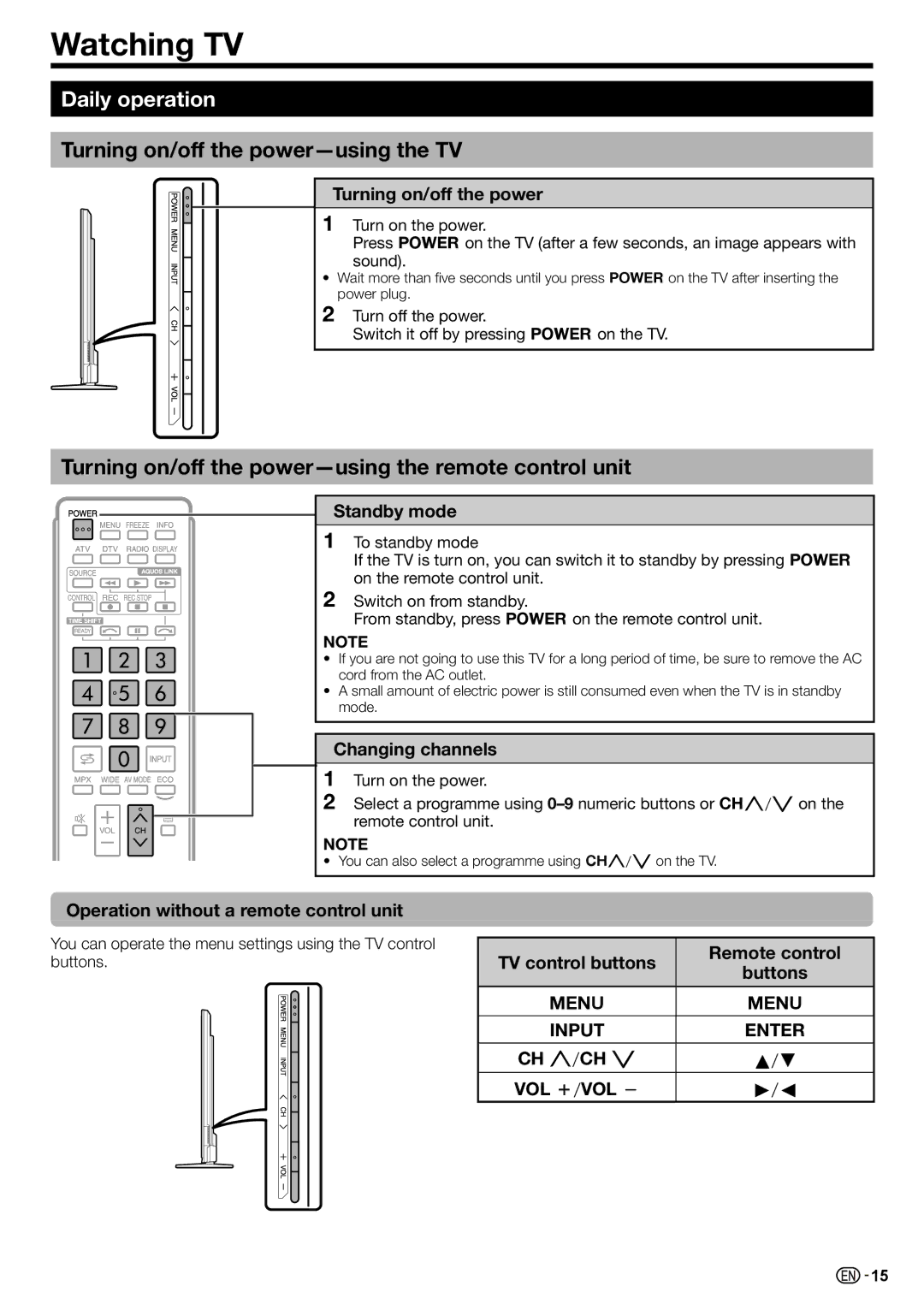 Sharp LC-70LE735X operation manual Watching TV, Daily operation, Turning on/off the power-using the TV 