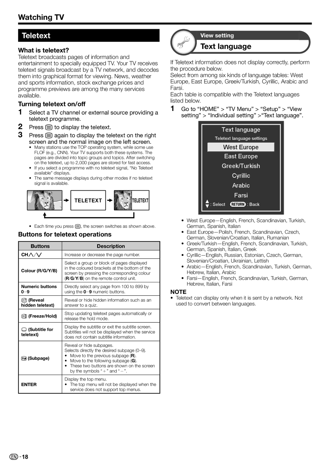 Sharp LC-70LE735X operation manual Watching TV, Teletext, Text language 