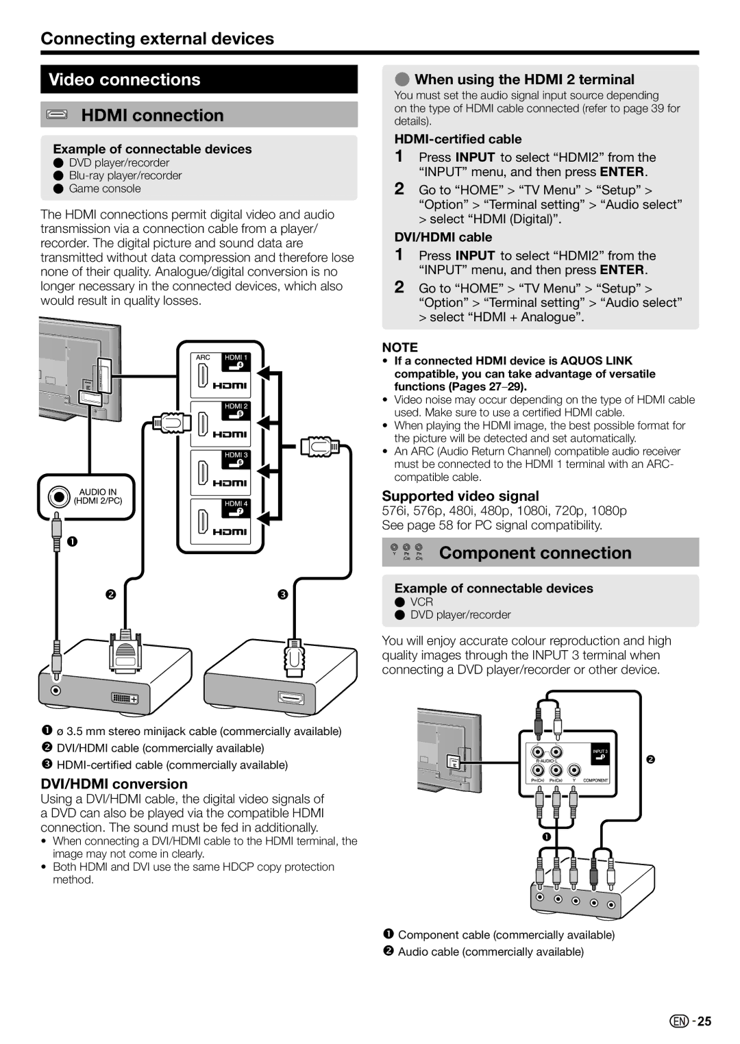 Sharp LC-70LE735X operation manual Connecting external devices, Video connections, Hdmi connection, Component connection 