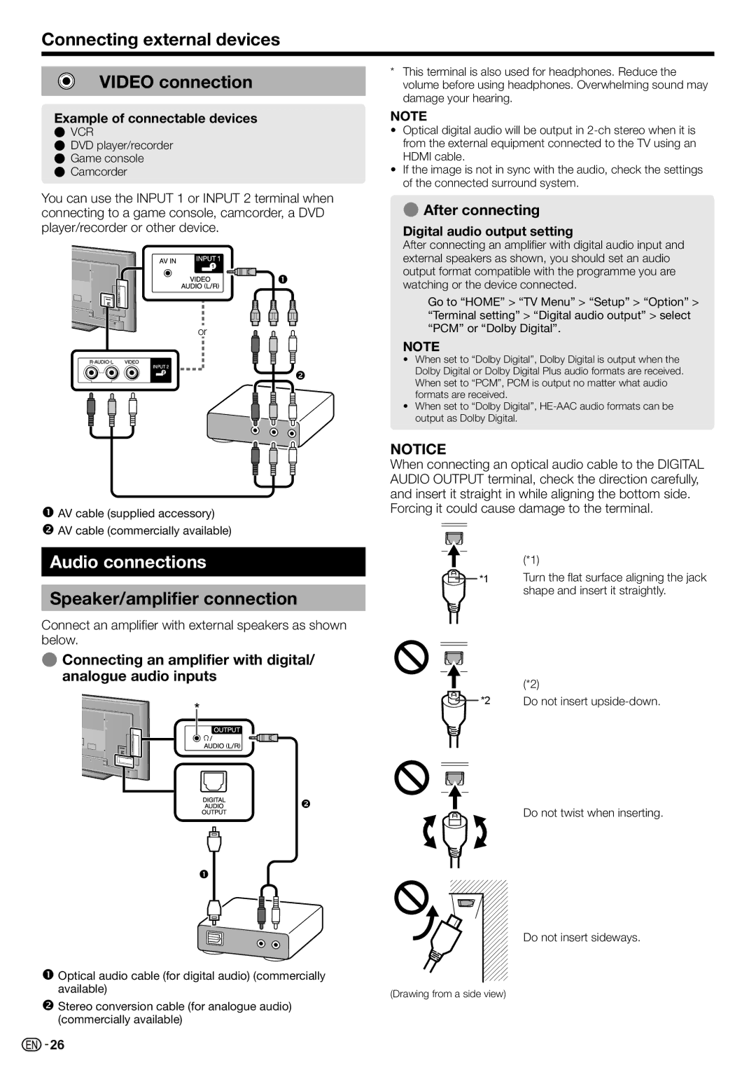 Sharp LC-70LE735X Connecting external devices Video connection, Audio connections, Speaker/amplifier connection 