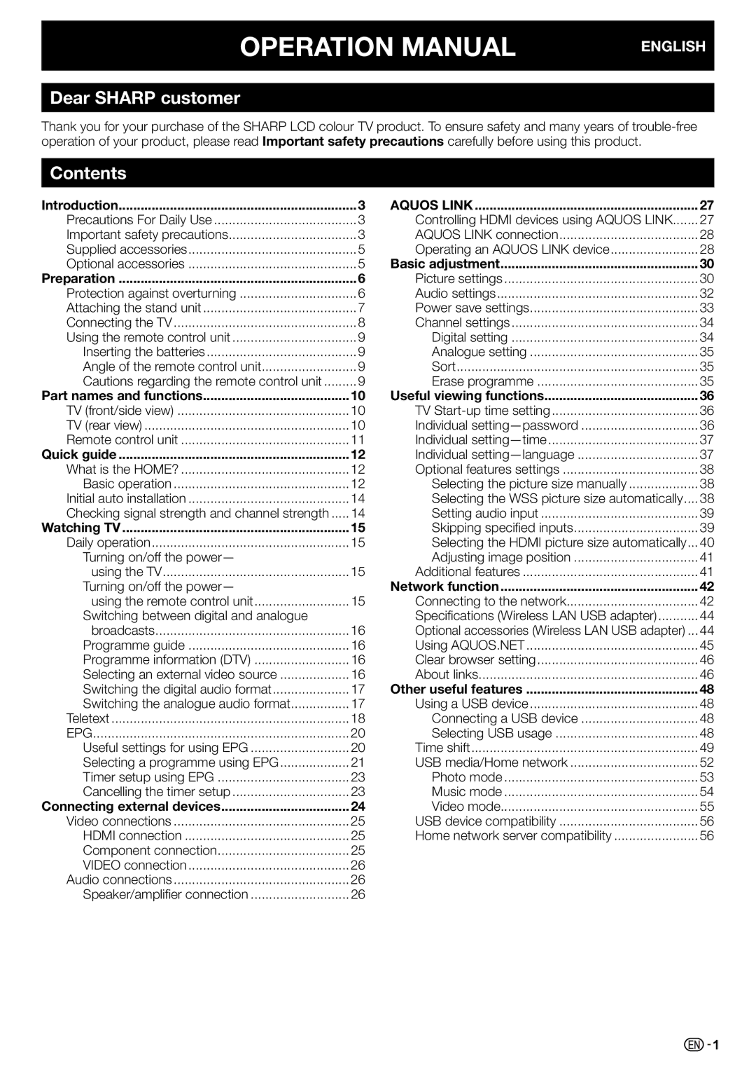 Sharp LC-70LE735X operation manual Dear Sharp customer, Contents 