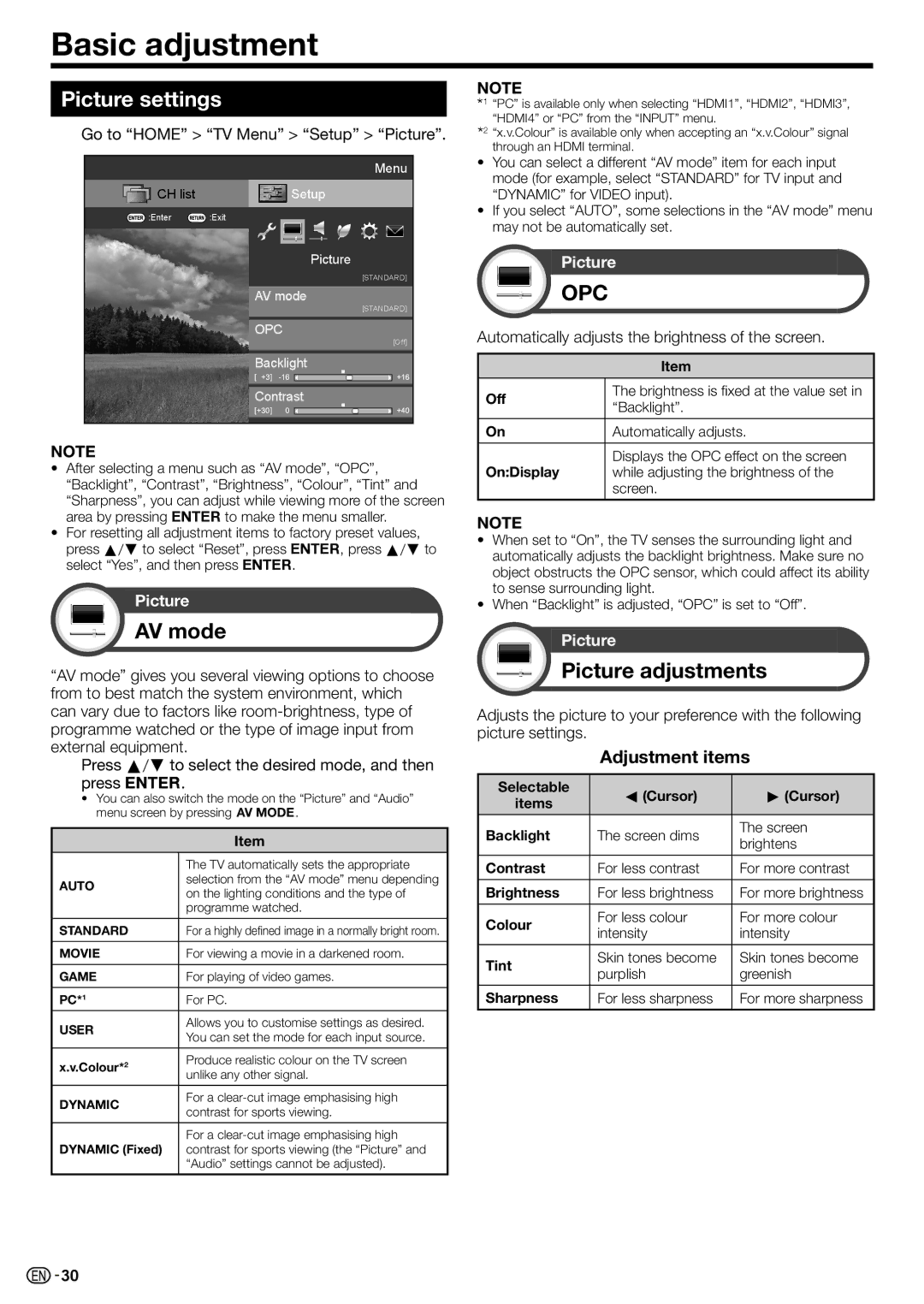 Sharp LC-70LE735X operation manual Basic adjustment, Picture settings, AV mode, Picture adjustments, Adjustment items 