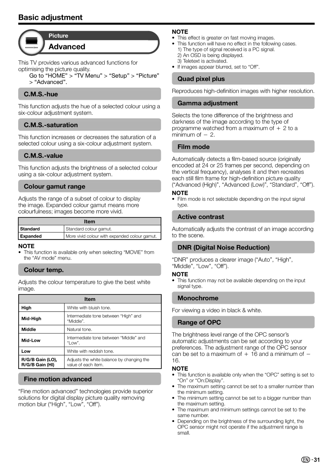 Sharp LC-70LE735X operation manual Basic adjustment, Advanced 