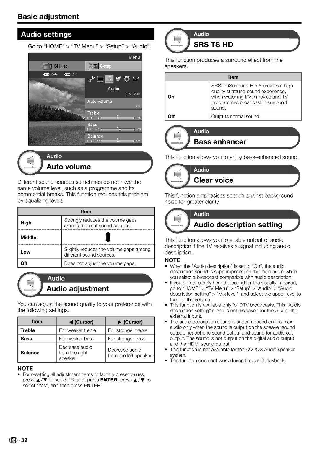 Sharp LC-70LE735X operation manual Audio settings 