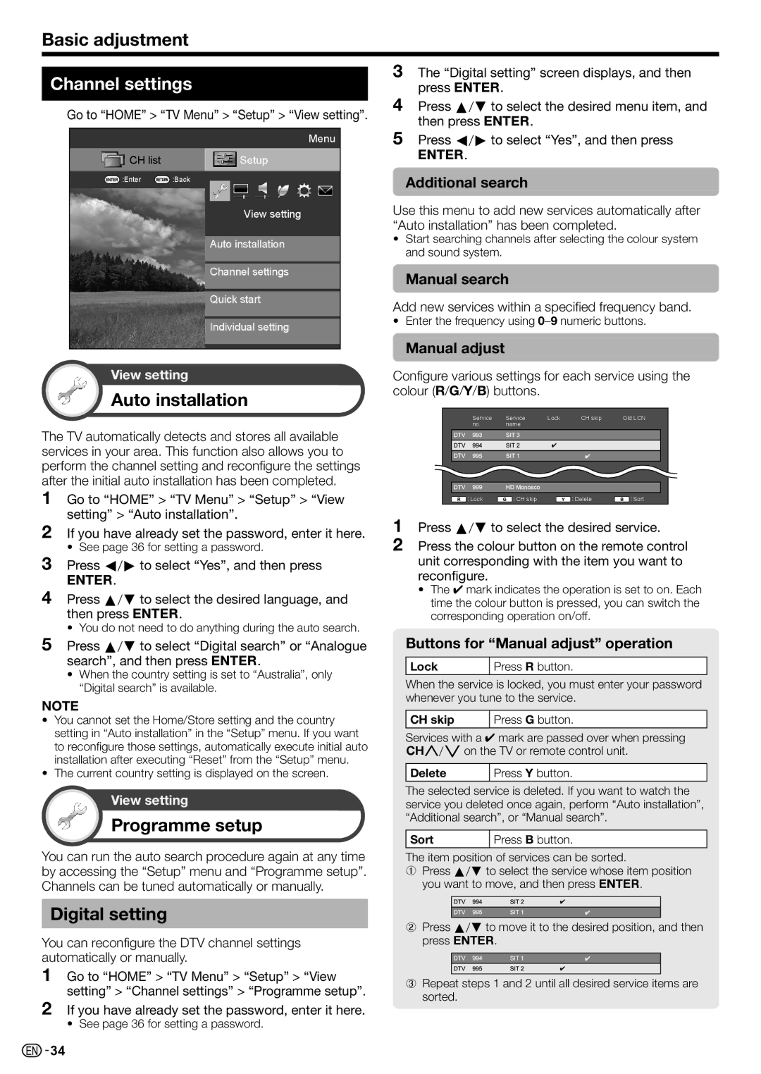 Sharp LC-70LE735X operation manual Channel settings, Auto installation, Programme setup, Digital setting 