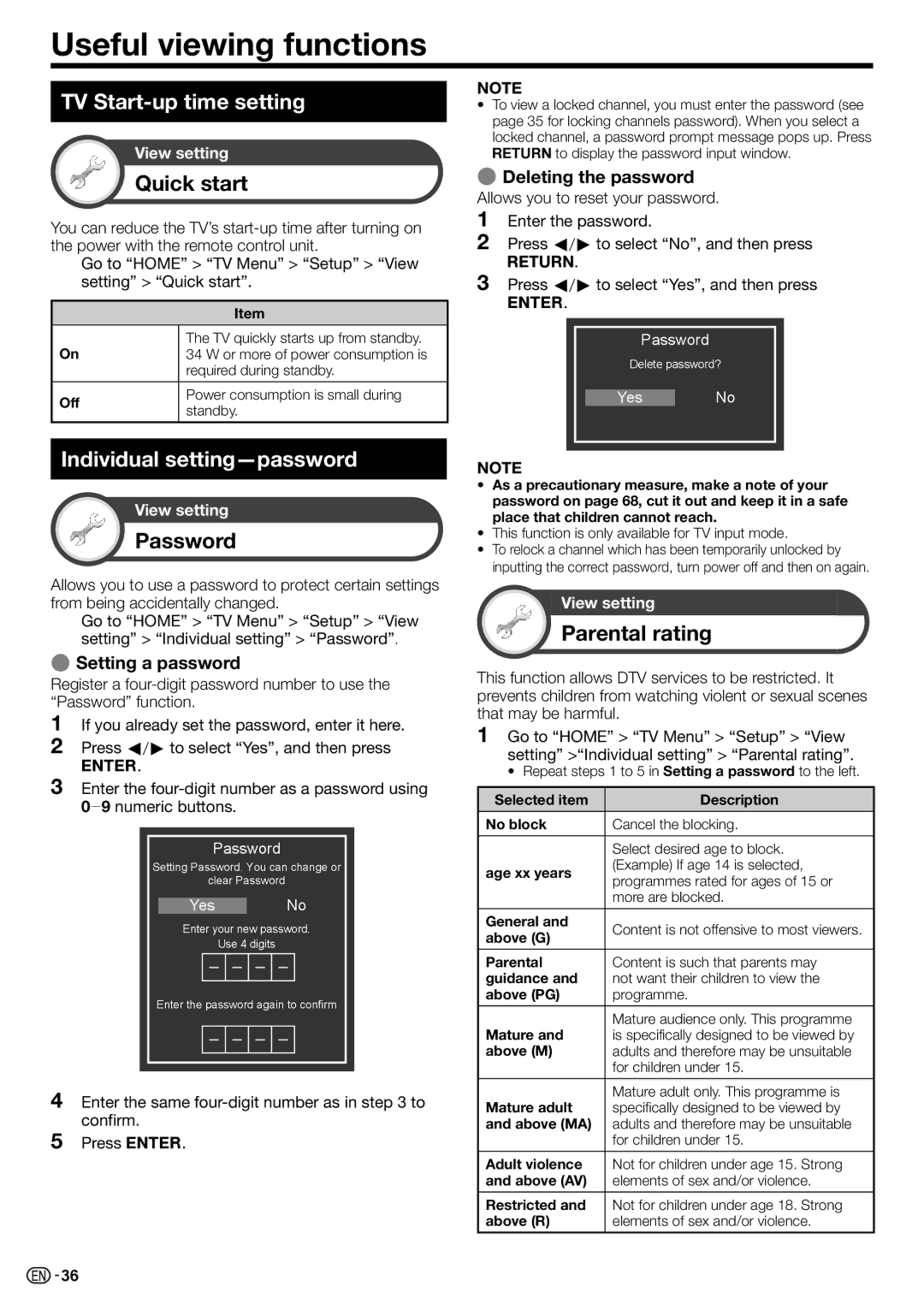 Sharp LC-70LE735X operation manual Useful viewing functions, TV Start-up time setting, Individual setting-password 