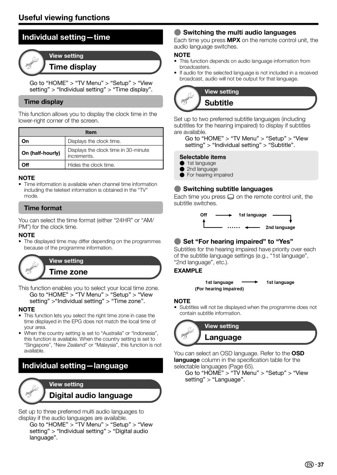 Sharp LC-70LE735X operation manual Individual setting-time, Individual setting-language 