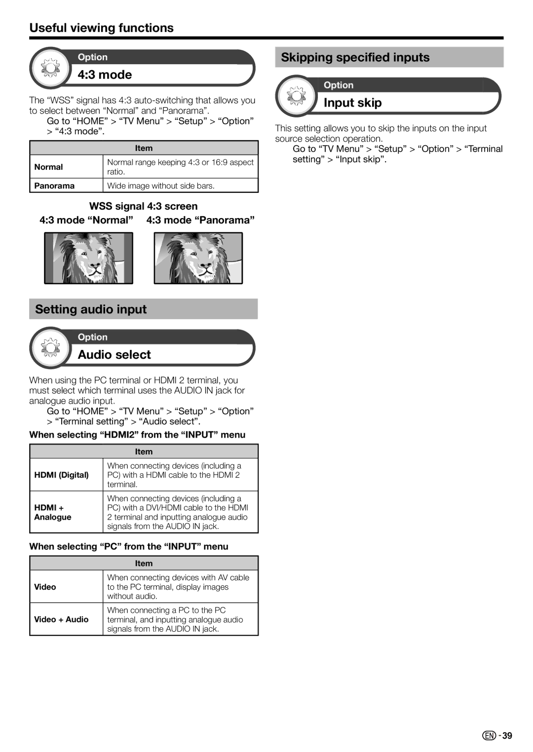 Sharp LC-70LE735X operation manual Mode, Skipping specified inputs, Input skip, Setting audio input, Audio select 