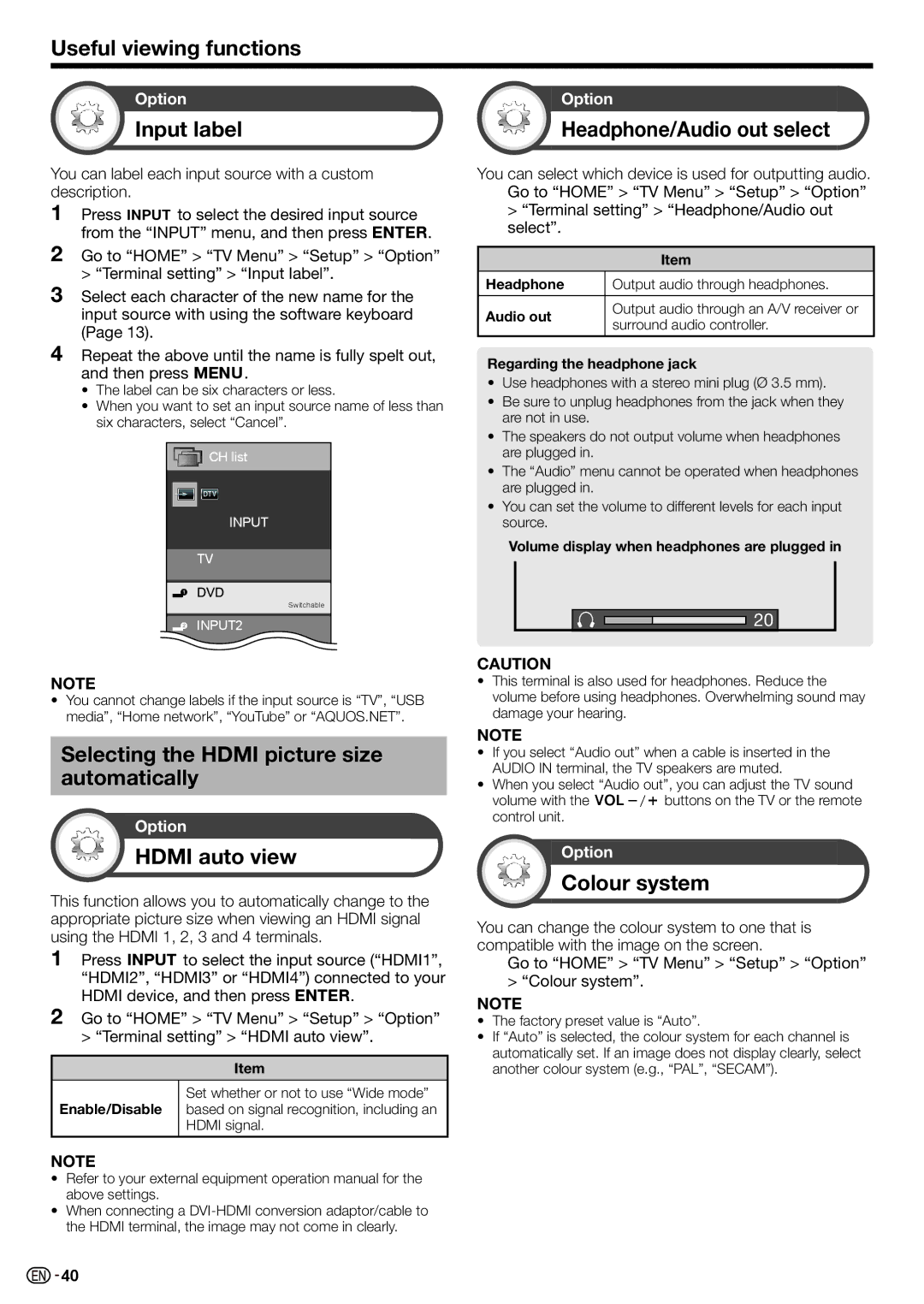 Sharp LC-70LE735X Input label, Headphone/Audio out select, Selecting the Hdmi picture size automatically, Hdmi auto view 