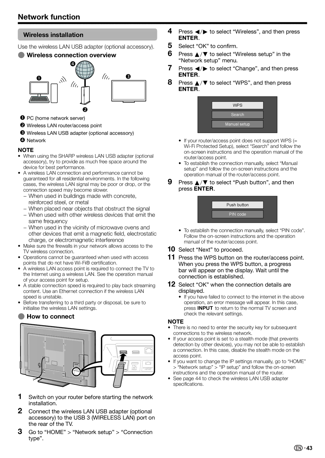 Sharp LC-70LE735X operation manual Network function, Wireless installation, Wireless connection overview 