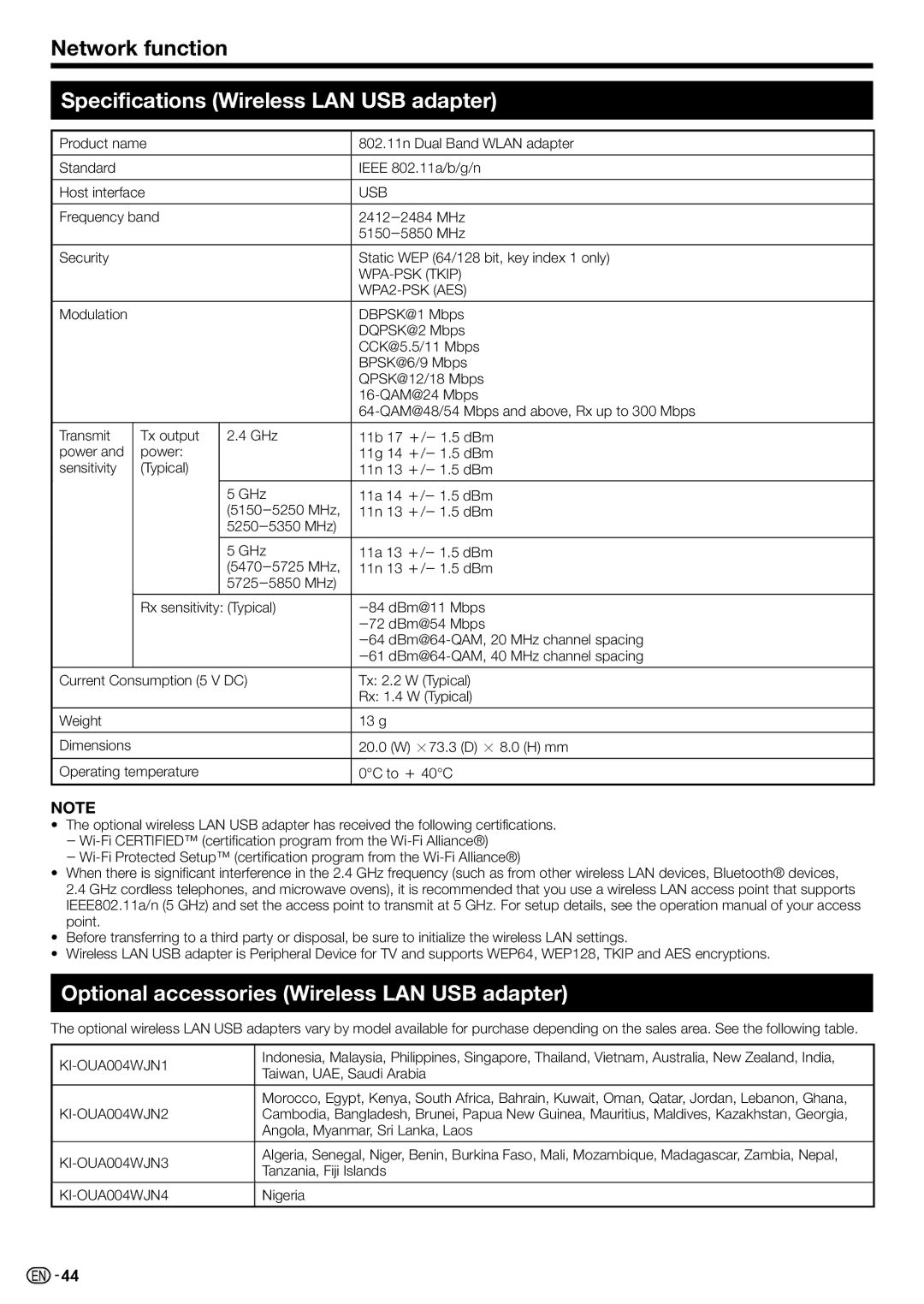 Sharp LC-70LE735X operation manual Specifications Wireless LAN USB adapter, Optional accessories Wireless LAN USB adapter 