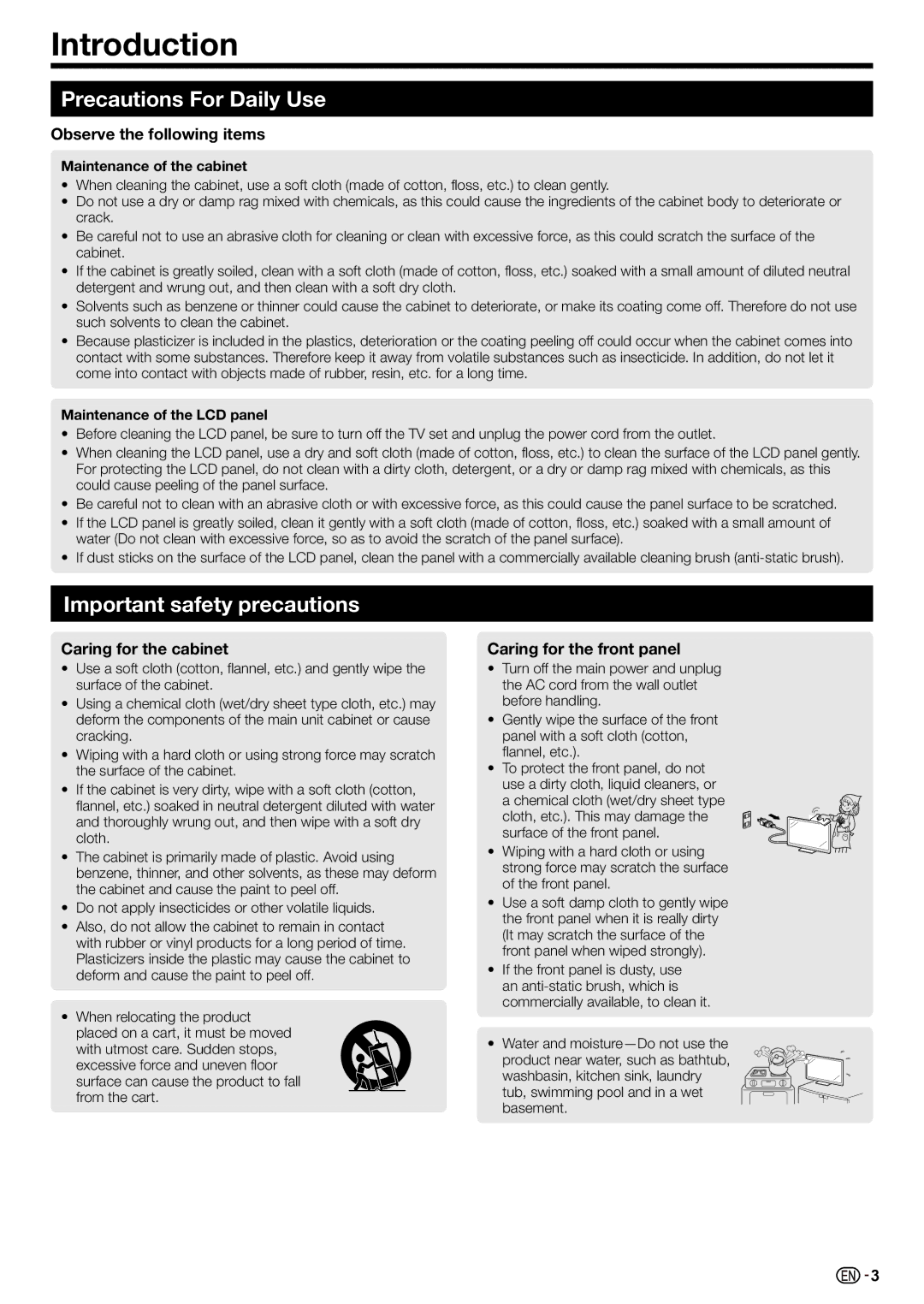 Sharp LC-70LE735X operation manual Introduction, Precautions For Daily Use, Important safety precautions 