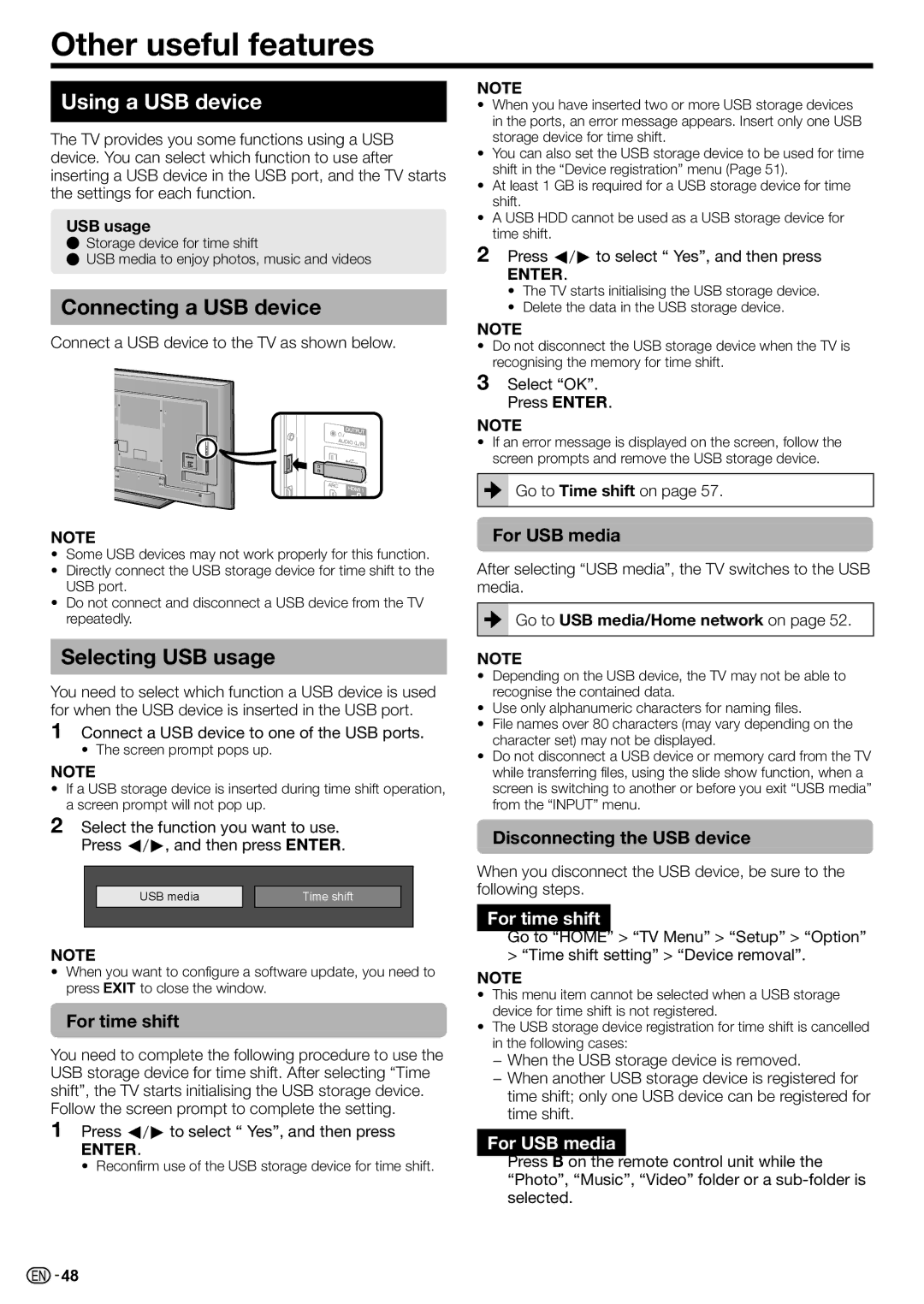 Sharp LC-70LE735X operation manual Other useful features, Using a USB device, Connecting a USB device, Selecting USB usage 