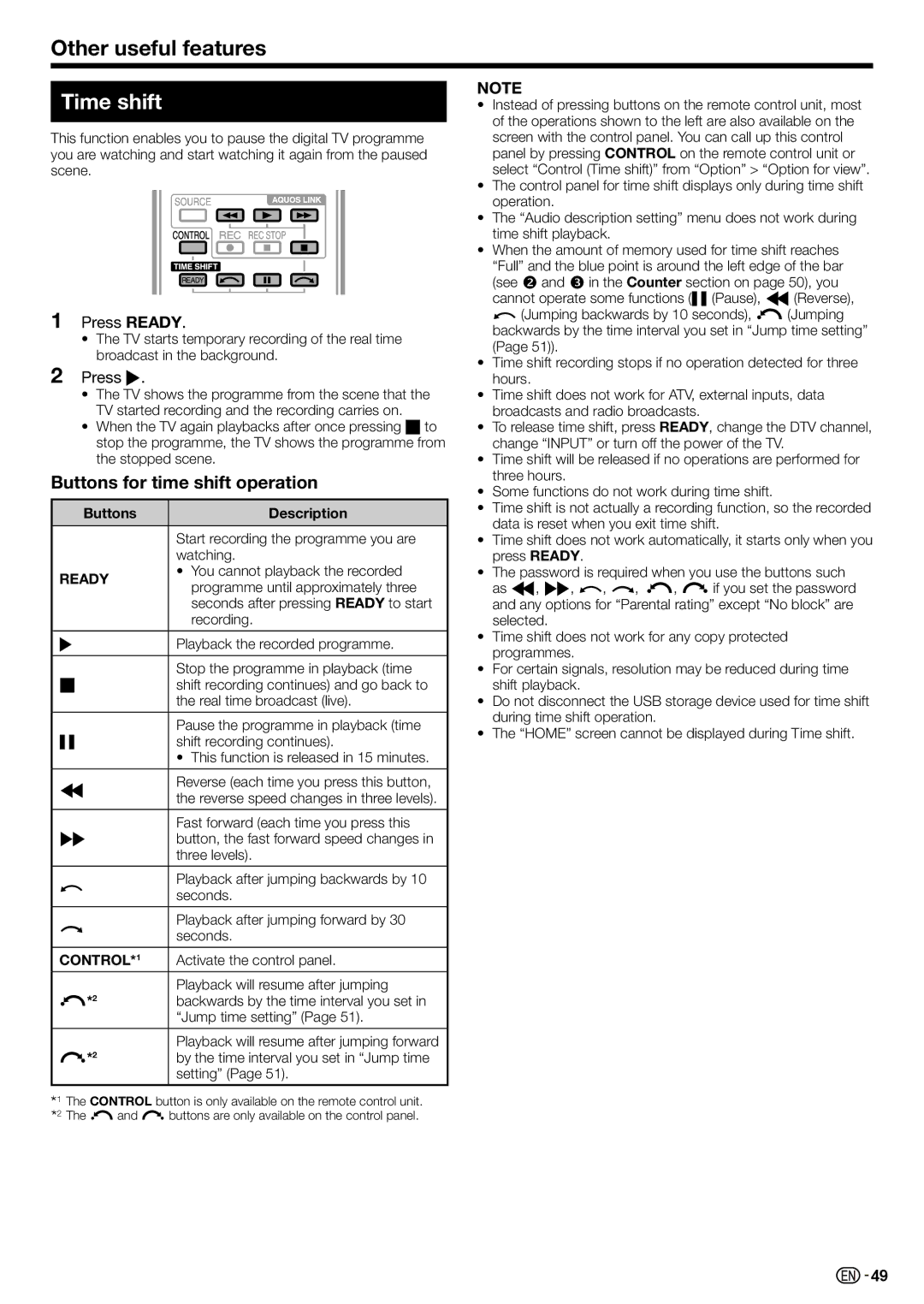 Sharp LC-70LE735X operation manual Other useful features, Time shift, Buttons for time shift operation, Press Ready 