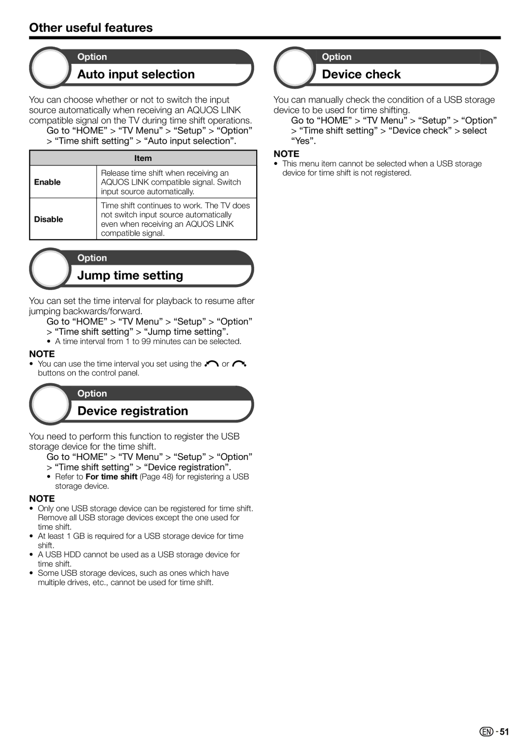 Sharp LC-70LE735X Auto input selection Device check, Jump time setting, Device registration, Enable, Disable 