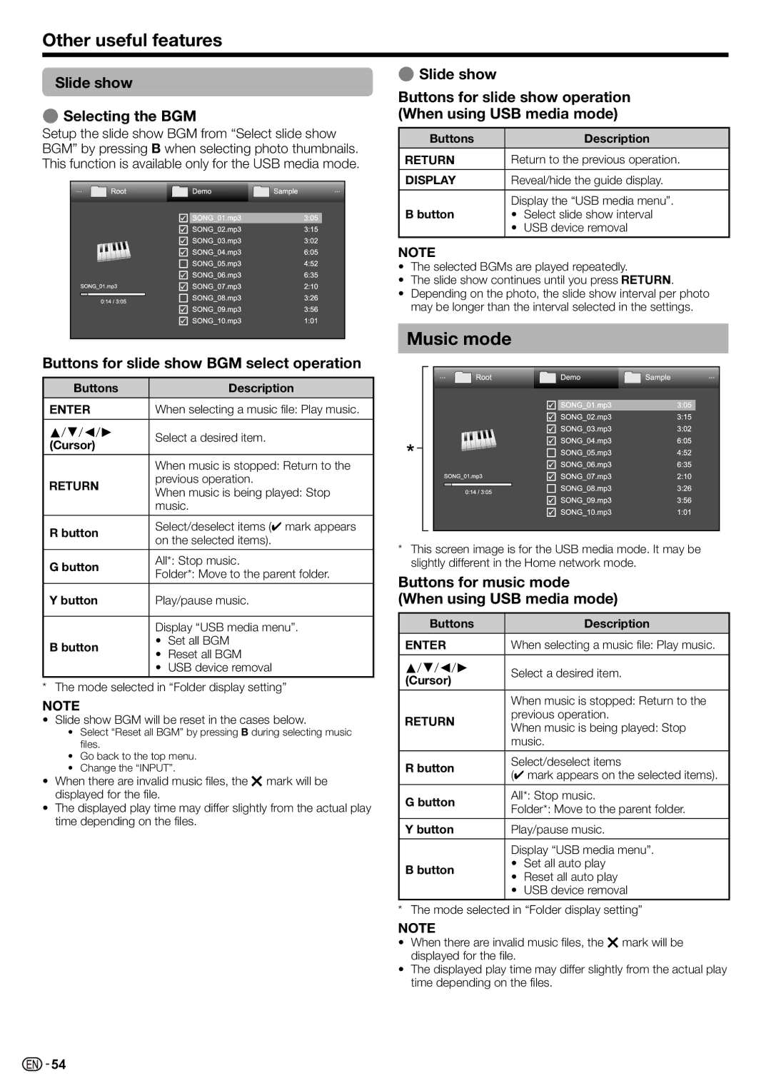 Sharp LC-70LE735X operation manual Music mode, Slide show Selecting the BGM, Buttons for slide show BGM select operation 