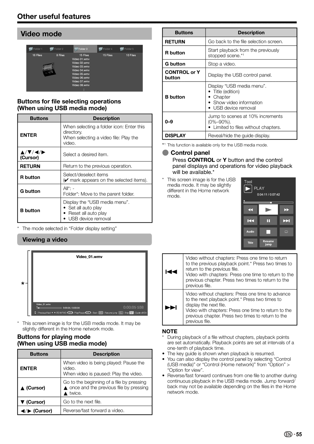 Sharp LC-70LE735X Other useful features Video mode, Viewing a video, Buttons for playing mode When using USB media mode 