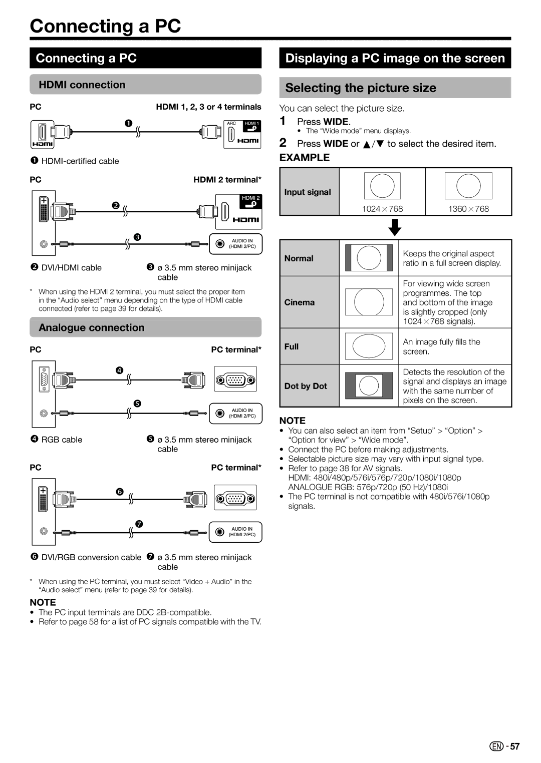 Sharp LC-70LE735X operation manual Connecting a PC, Displaying a PC image on the screen, Selecting the picture size 