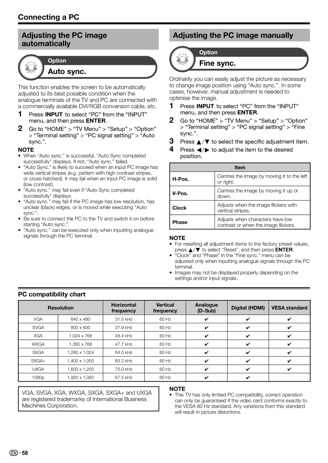 Sharp LC-70LE735X Connecting a PC Adjusting the PC image automatically, Auto sync, Adjusting the PC image manually 