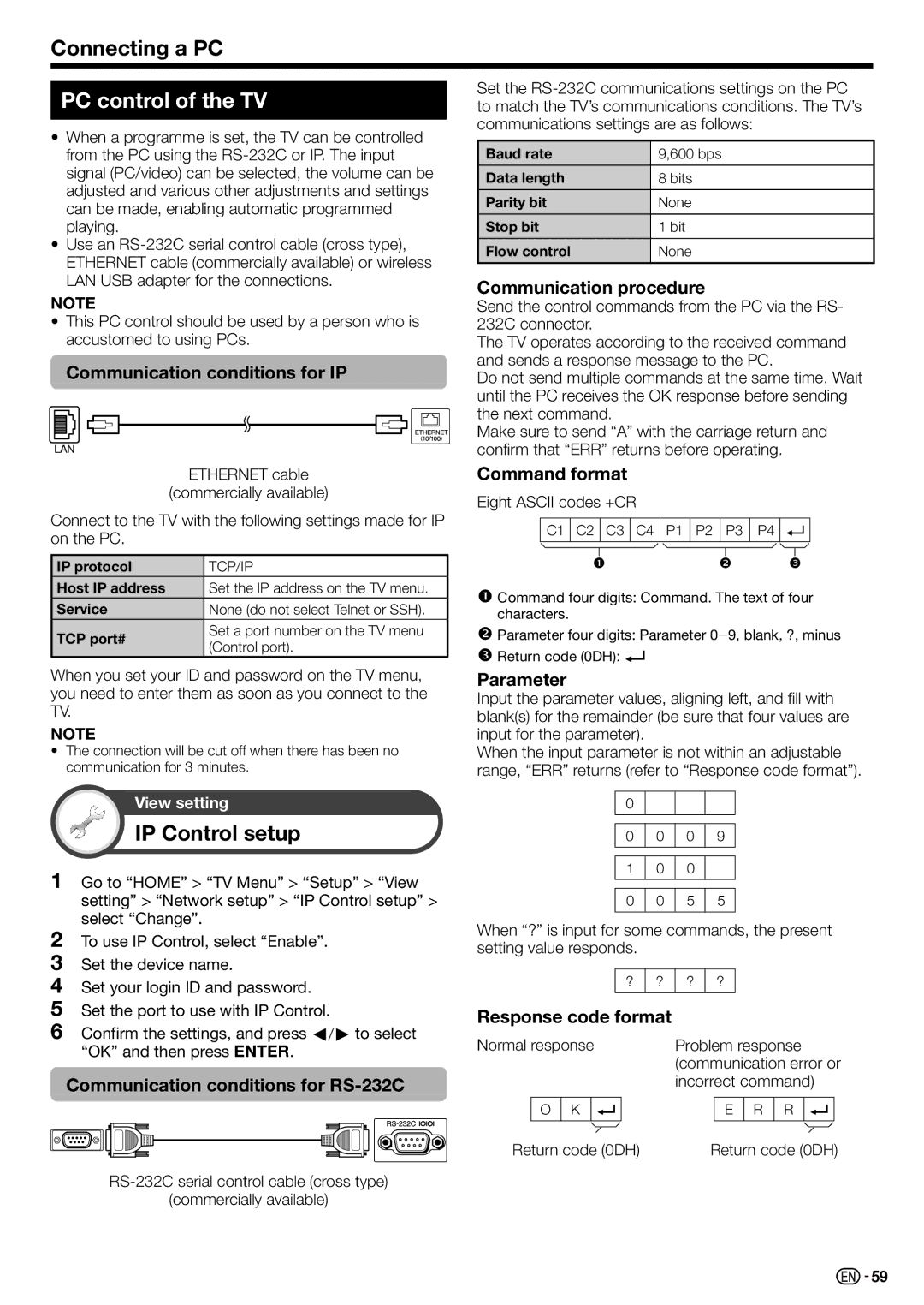 Sharp LC-70LE735X operation manual Connecting a PC, PC control of the TV, IP Control setup 