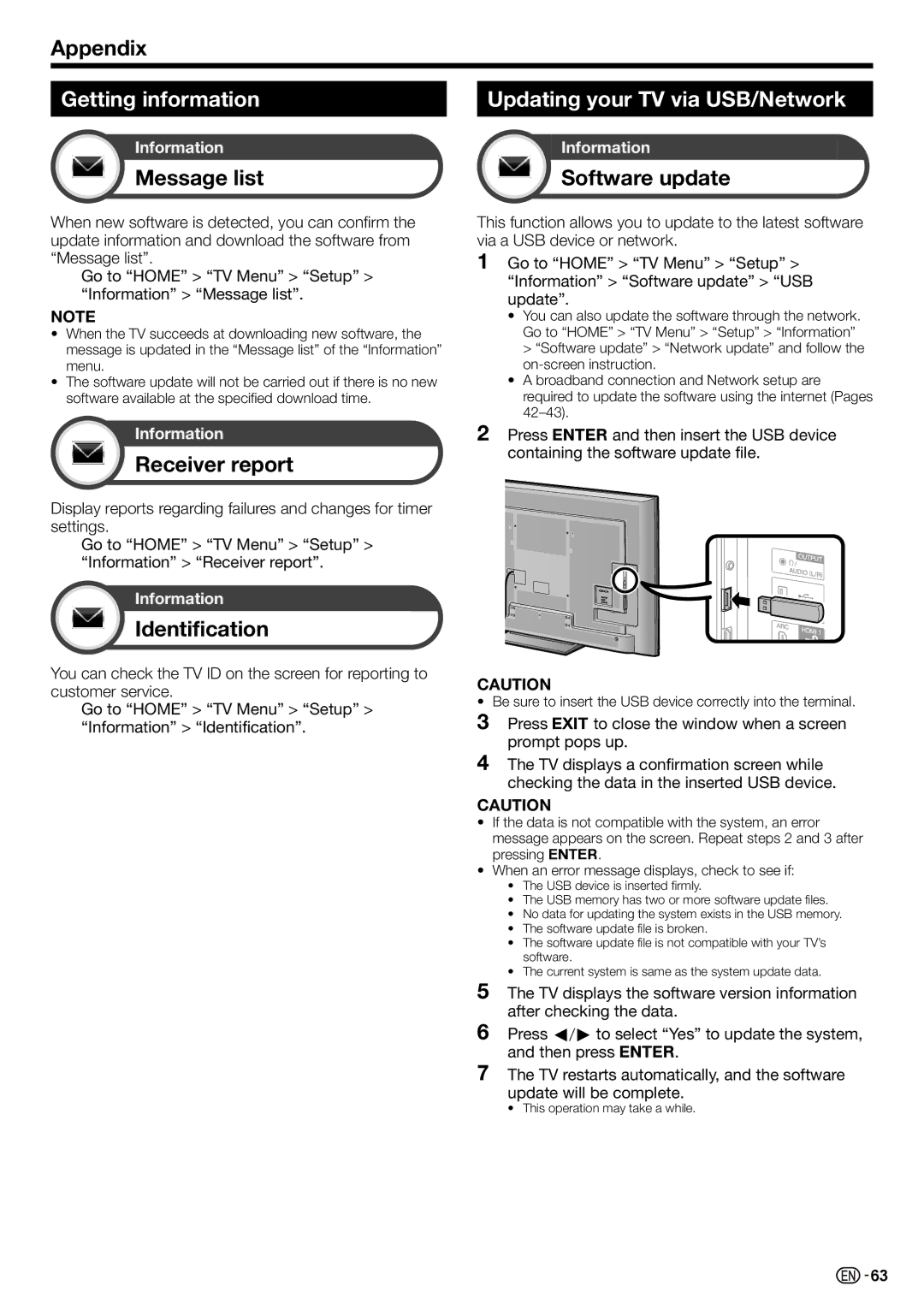 Sharp LC-70LE735X Getting information Updating your TV via USB/Network, Message list Software update, Receiver report 