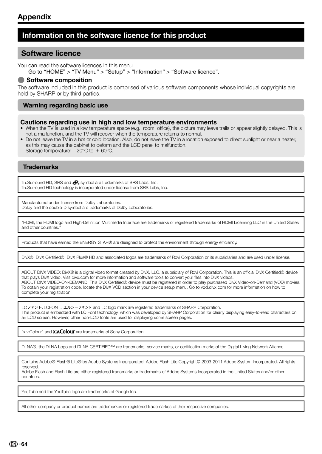 Sharp LC-70LE735X Information on the software licence for this product, Software licence, Software composition, Trademarks 