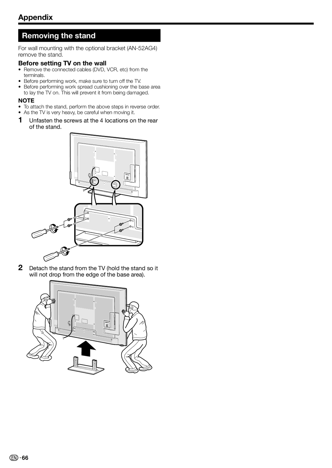 Sharp LC-70LE735X operation manual Removing the stand, Before setting TV on the wall 