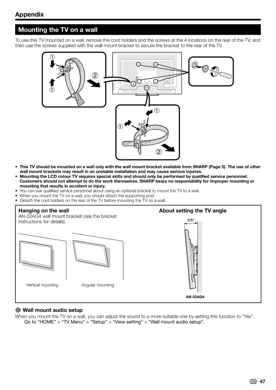 Sharp LC-70LE735X Mounting the TV on a wall, Hanging on the wall About setting the TV angle, Wall mount audio setup 