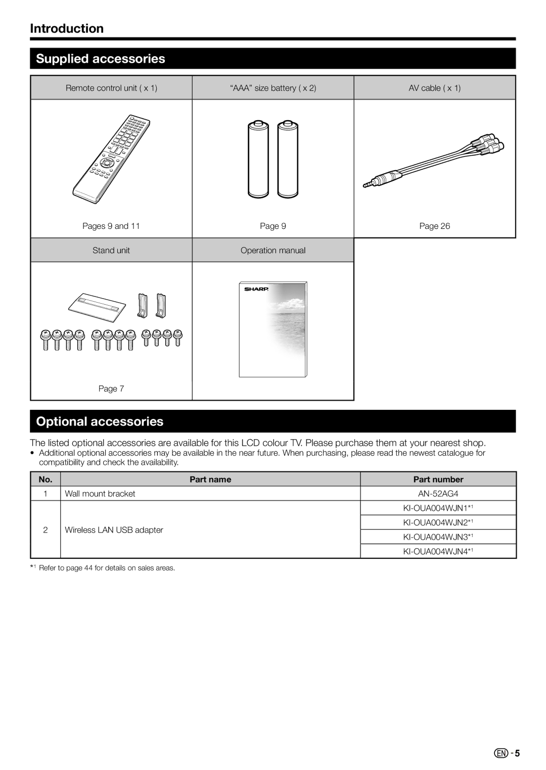 Sharp LC-70LE735X operation manual Supplied accessories, Optional accessories, Part name Part number 