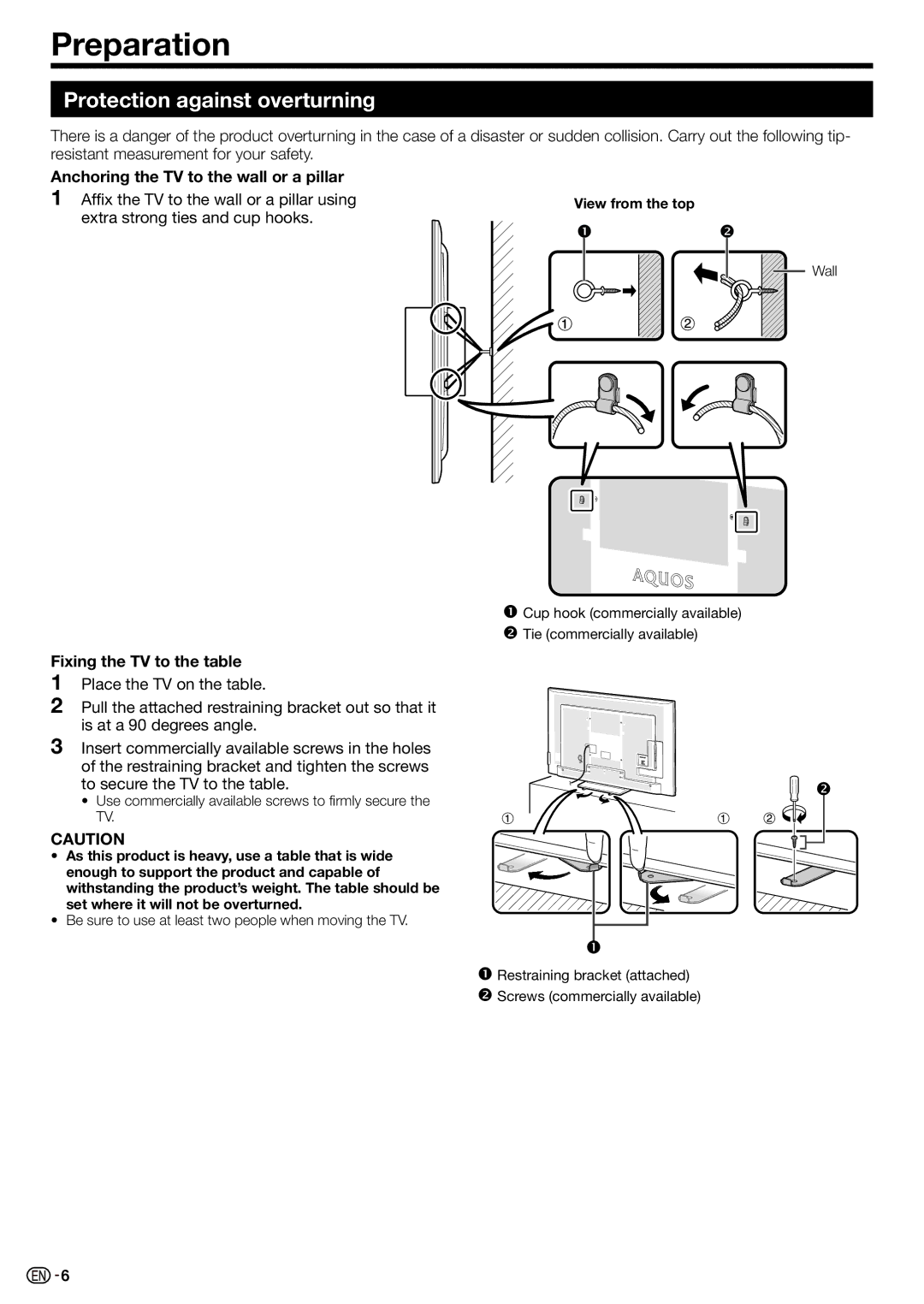 Sharp LC-70LE735X Preparation, Protection against overturning, Anchoring the TV to the wall or a pillar, View from the top 