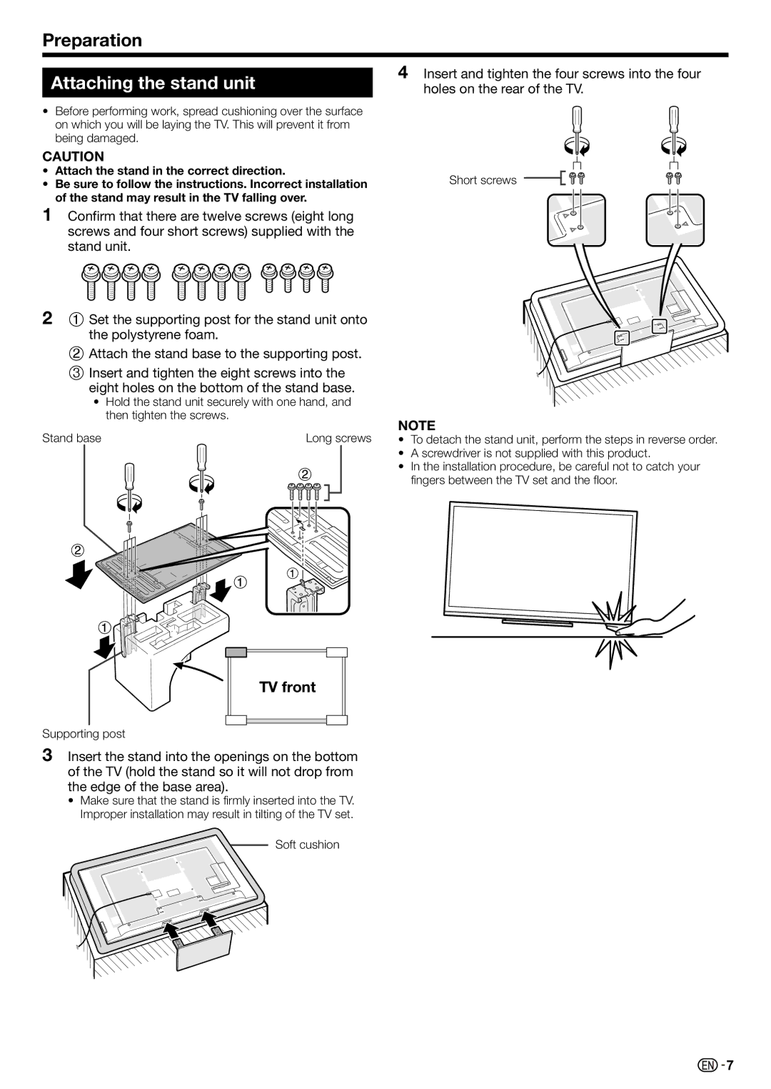 Sharp LC-70LE735X Preparation, Attaching the stand unit, TV front, Insert and tighten the four screws into the four 