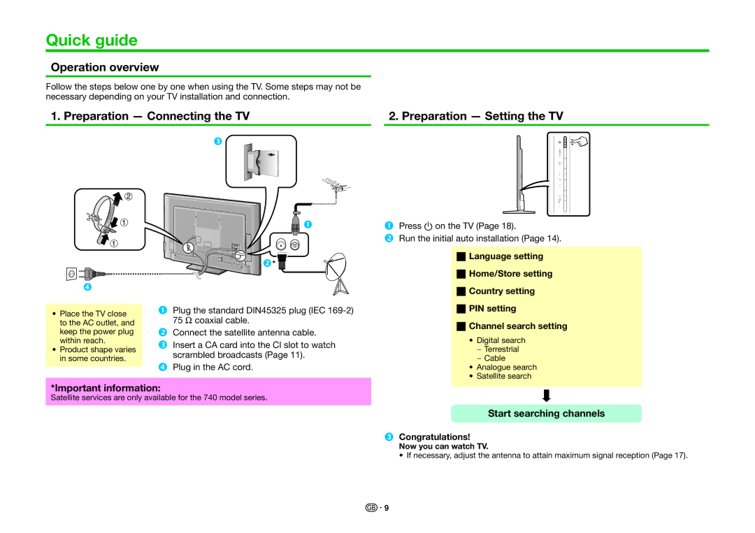 Sharp LC-60LE740E, LC-70LE740E Quick guide, Operation overview, Preparation Connecting the TV Preparation Setting the TV 