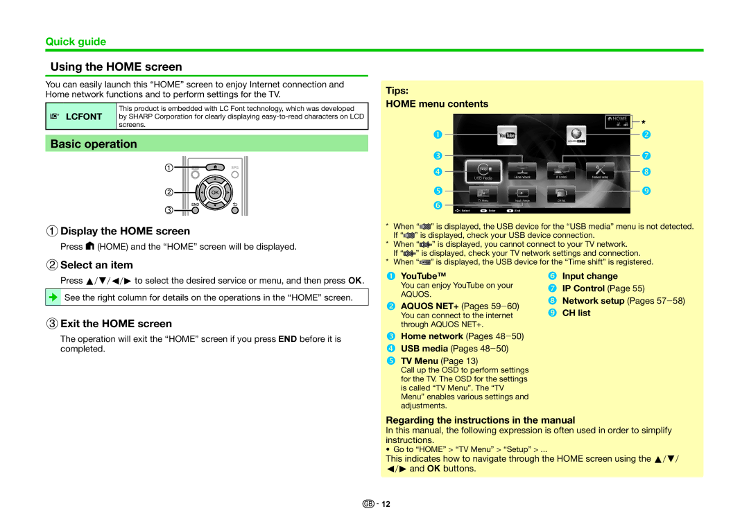 Sharp LC-60LE741S Using the Home screen, Basic operation, 1Display the Home screen, 2Select an item, 3Exit the Home screen 