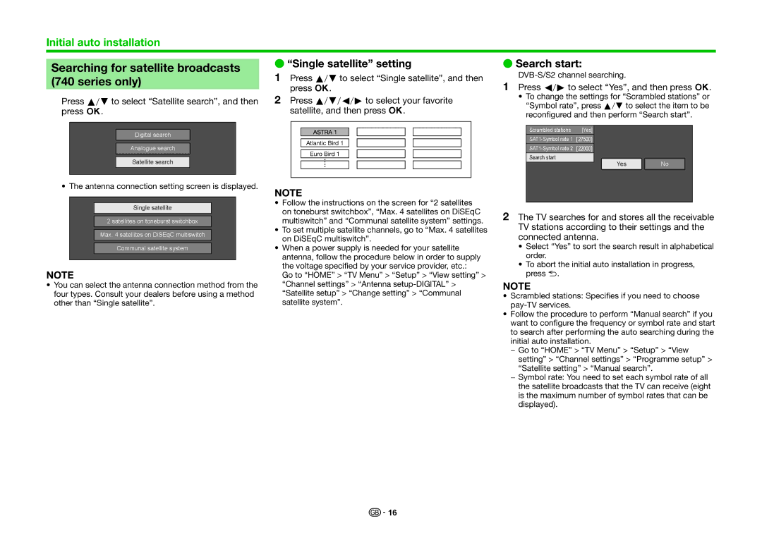 Sharp LC-70LE741E, LC-70LE740E Searching for satellite broadcasts, Series only, Single satellite setting Search start 