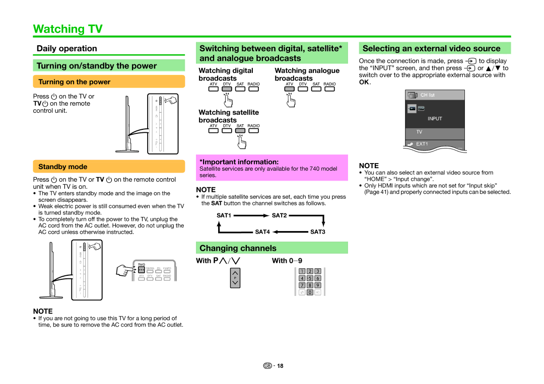 Sharp LC-70LE741S Watching TV, Daily operation Turning on/standby the power, Selecting an external video source 