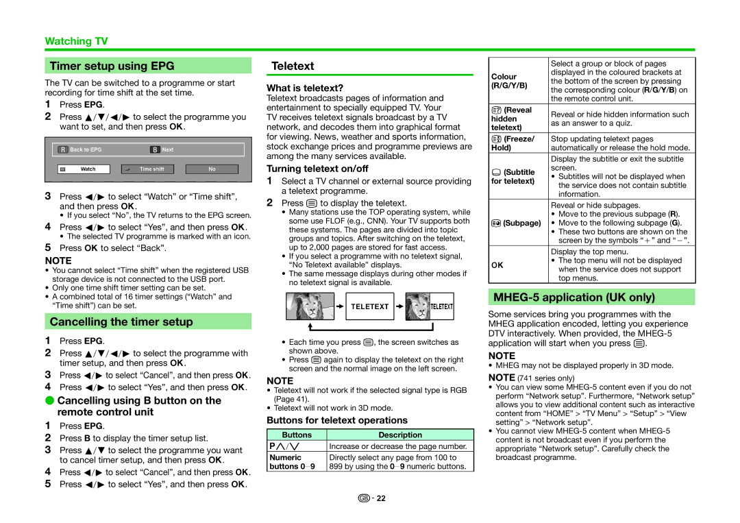 Sharp LC-70LE740E, LC-70LE740RU Timer setup using EPG, Cancelling the timer setup, Teletext, MHEG-5 application UK only 