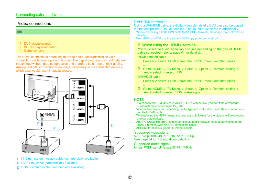 Sharp LC-70LE741E, LC-70LE740E, LC-70LE740RU, LC-60LE740E Video connections Hdmi connection, When using the Hdmi 2 terminal 